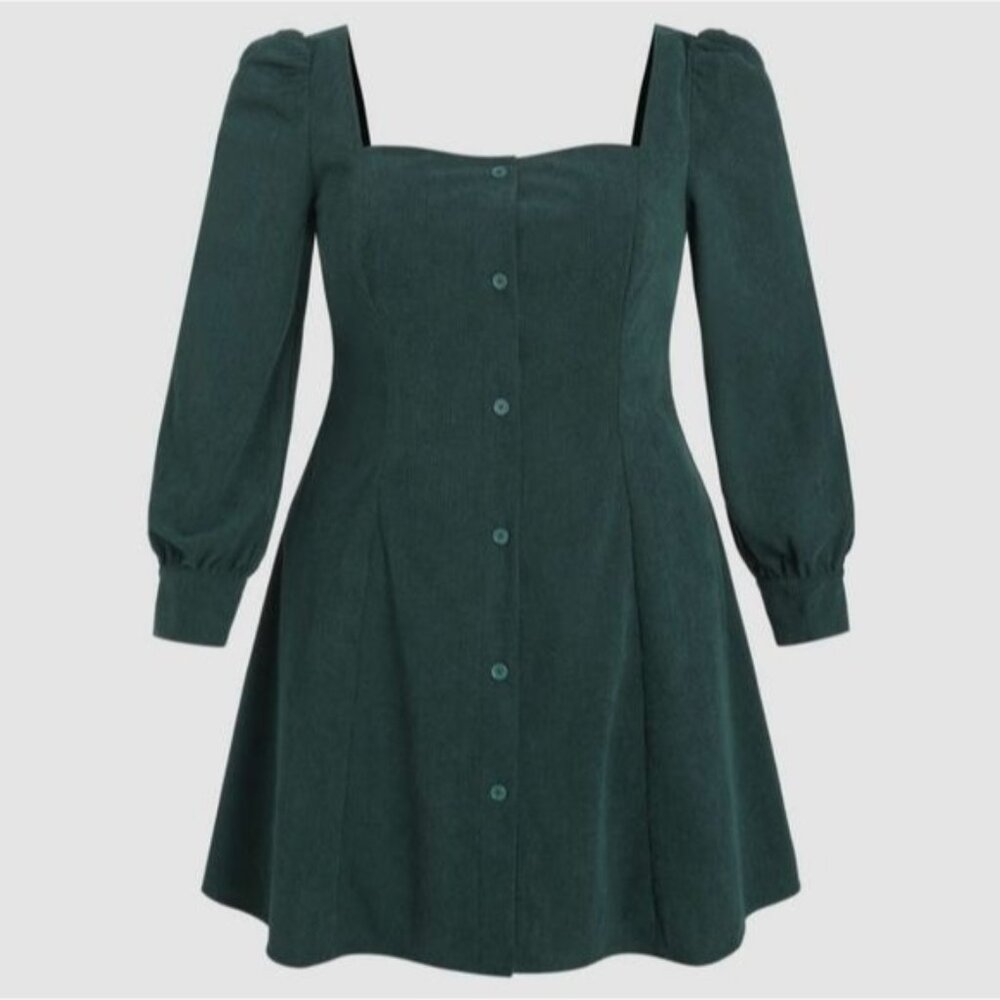 Cider Dress Green Corduroy Mini Long Puff Sleeve Button Up Babydoll Dress 3XL